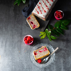 poppy seed cake with raspberries and grated coconut