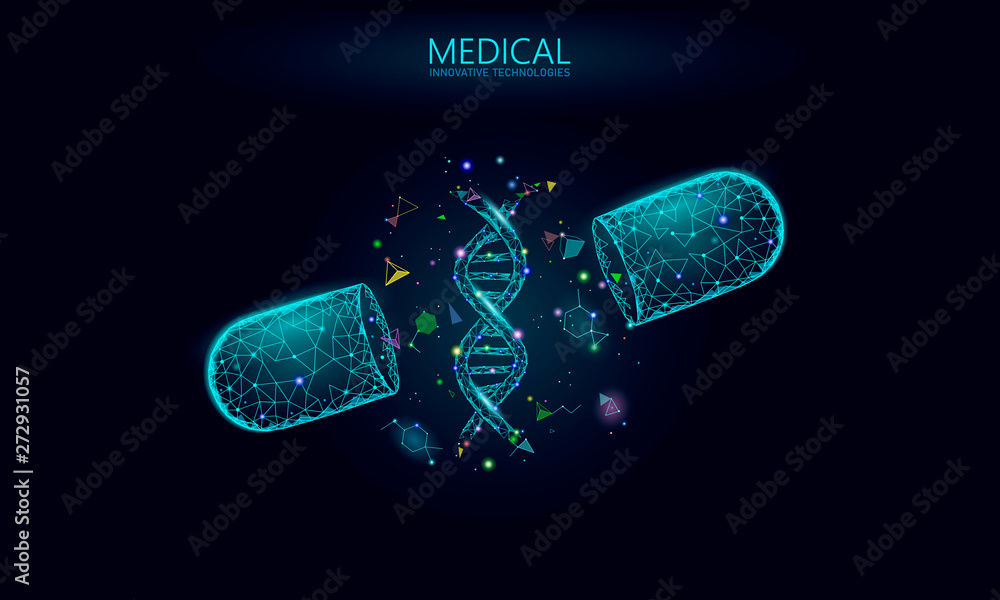 Opened drug capsule medicine business concept. DNA gene therapy blue medicament prebiotic probiotic ball health care cure illness. Antibiotic vitamin medical nutrition low poly vector illustration - obrazy, fototapety, plakaty 