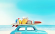 © snorkulencija - Small retro car with baggage, luggage and beach equipment on the roof, fully packed, ready for summer vacation, concept of a road trip with family and friends, dream destination, very vivid colors