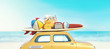 © snorkulencija - Small retro car with baggage, luggage and beach equipment on the roof, fully packed, ready for summer vacation, concept of a road trip with family and friends, dream destination, very vivid colors