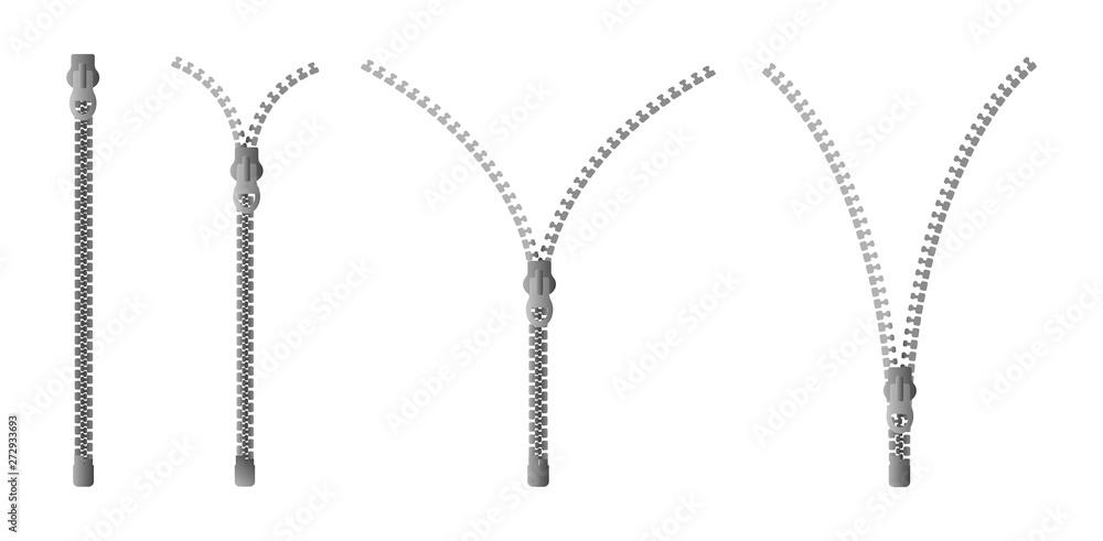 Zipper set. Closed and open zipper with zip. Zip icon. Vector illustration. - obrazy, fototapety, plakaty 
