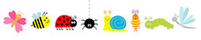 Cute Cartoon Insect Set Line. Ladybug, Ladybird, Bee, Dragonfly, Butterfly, Caterpillar, Spider, Cockroach, Snail. White Background Isolated.