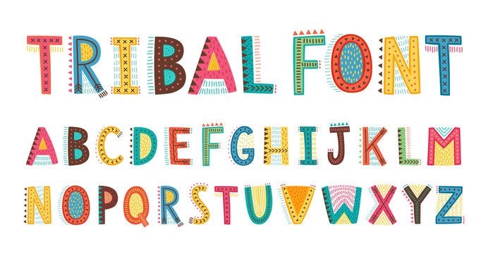 Fototapete - Tribal cute alphabet font. Uppercase doodle Letters.