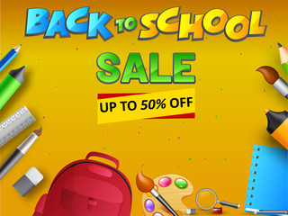 Sticker - Back To School Sale banner or poster design with 50% discount offer and school supplies elements decorated on yellow background.