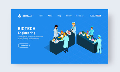 Sticker - Biotech Engineering landing page design concept. Illustration of scientist doing research on blue background.