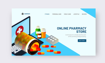 Canvas Print - Order medicine in online from laptop concept landing page design for Online Pharmacy Store.