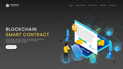 Smart contract concept with character and different equipment for Blockchain Smart Contract landing page design. Can be used for web banner, infographics or hero images