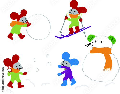 年賀素材 ネズミ 雪だるま 雪合戦 スキー イラスト Stock Vector Adobe Stock