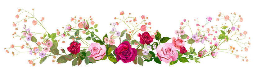 Panoramic view: bouquet of roses, gypsophile, spring blossom. Horizontal border: red, pink flowers, buds, green leaves, white background. Digital draw illustration in watercolor style, vintage, vector