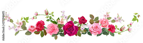 Panoramic view: bouquet of roses, carnation, spring blossom. Horizontal borde...