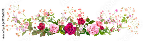 Panoramic view: bouquet of roses, gypsophile, spring blossom. Horizontal bord...