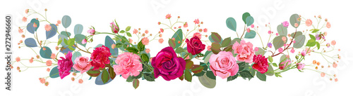 Panoramic view: bouquet of rose, carnation, gypsophile, eucalyptus. Horizonta...