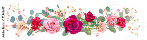 Panoramic view: bouquet of rose, carnation, gypsophile, eucalyptus. Horizonta...