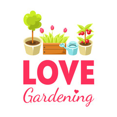 Poster - Love Gardening Banner Template with Home Plants and Flowers in Pots, Brochure, Poster, Booklet, Flyer or Business Card Vector Illustration