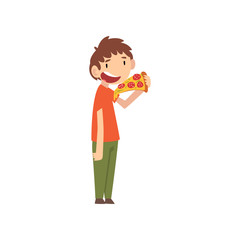 Sticker - Cute Boy Eating Pizza, Child Enjoying Eating of Fast Food Vector Illustration