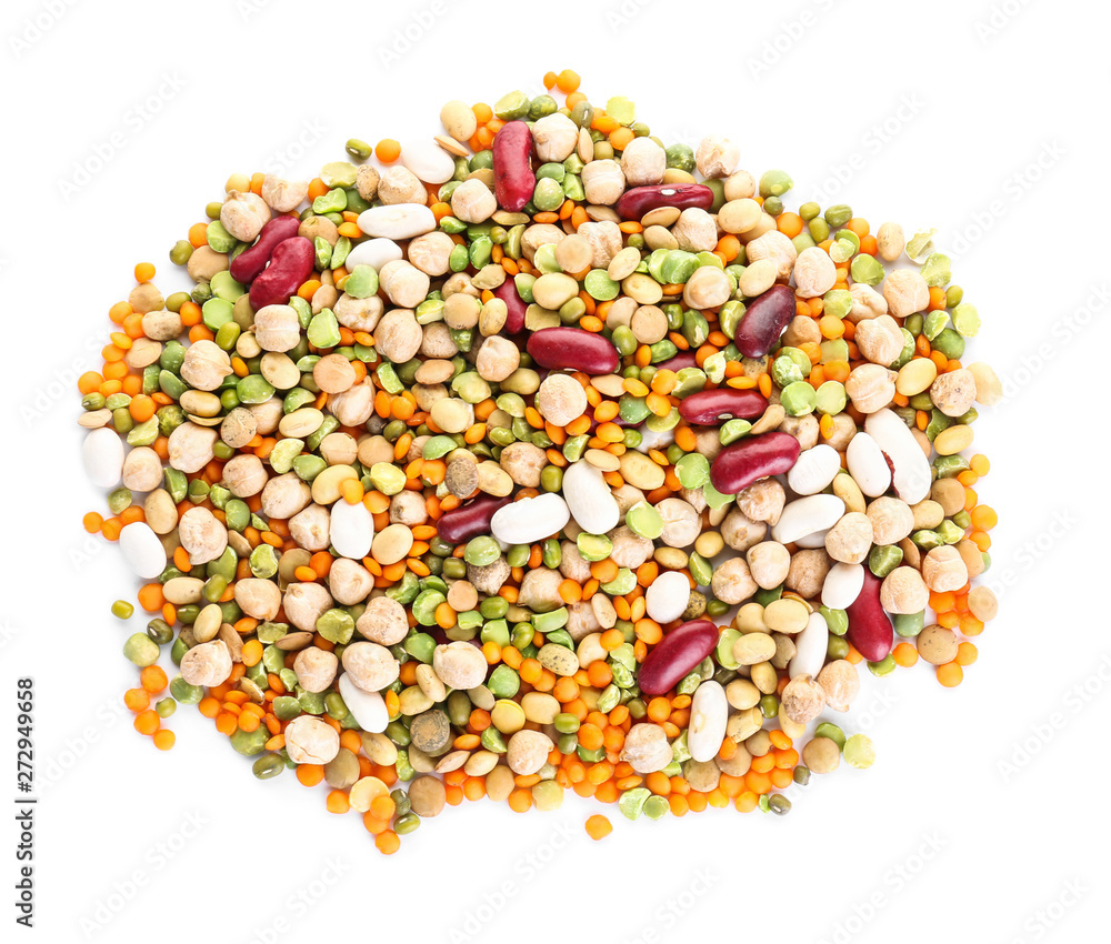 Different legumes on white background