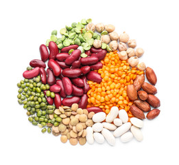 Different legumes on white background