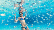 Beautiful And Fit Young Woman Is Snorkeling With Many Colourful Fishes