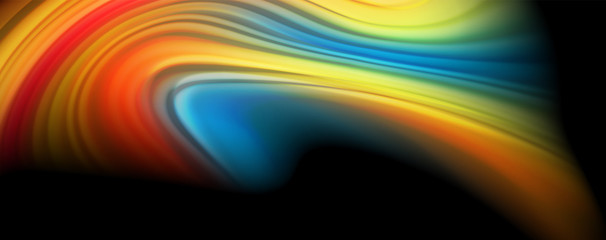 Modern rainbow liquid color flow colorful poster. Wave Liquid shape in black color background. Abstract composition