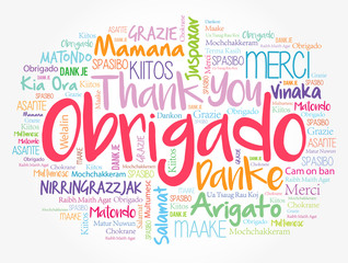 Poster - Obrigado (Thank You in Portuguese) Word Cloud in different languages