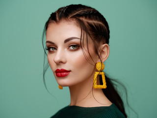 Wall Mural - brunette girl with perfect makeup. beautiful model woman with curly hairstyle. care and beauty hair 