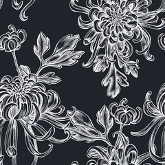 Wall Mural - Seamless pattern with hand drawn chalk japanese chrysanthemum