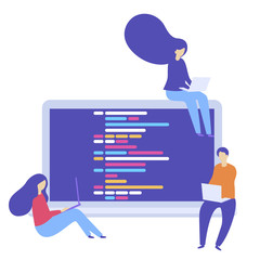 Flat vector illustration, web site development, teamwork, coding, website coding, SEO concept, search engine, design for mobile and web graphics.