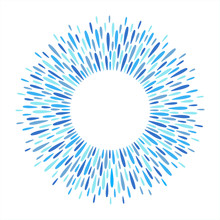 Round Frame With Empty Space For Text. Circle, Ring Shape Made Of Firework Salute Sparks, Rays Or Water Drops, Raindrops, Droplets. Shades Of Blue Abstract Radial Spatter, Splash, Splatter Background.