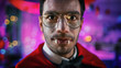 © Gorodenkoff - Halloween Costume Party: Close-up Portrait of Count Dracula Smiling Creepily, Shows His Deadly Bloody Fangs. In the Background Thematically Decorated Room with Scary Stuff. Deadly Blue Colors