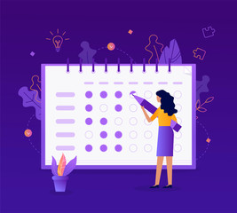 Wall Mural - the girl makes a mark in her tracker habits. self-improvement concept. flat vector illustration.