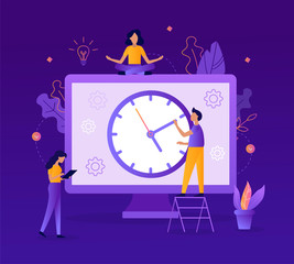 Wall Mural - people are working on a schedule for the project. big clock. time management concept. flat vector il