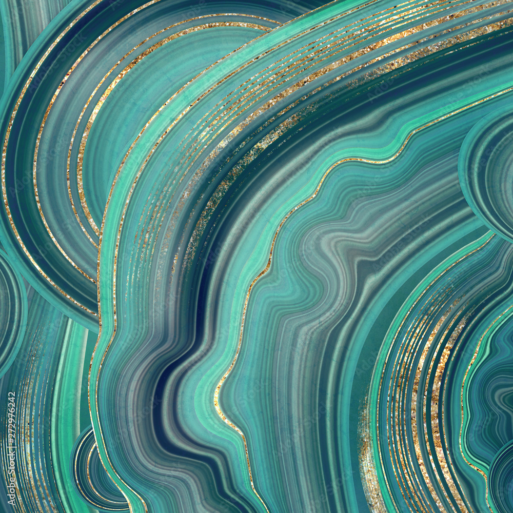 abstract background, fake stone texture, malachite, agate with mint green and gold veins, painted artificial marbled surface, fashion marbling illustration - obrazy, fototapety, plakaty 