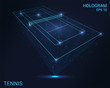 © newrossosh - Hologram tennis. Holographic projection of the tennis court. Flickering energy flux of particles. The scientific design of the sport.