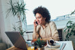 © Mediteraneo - Smiling young African female entrepreneur sitting at a desk in her home office working online with a laptop