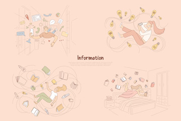 Information flow, traditional vs modern sources of knowledge, people reading, chatting online banner