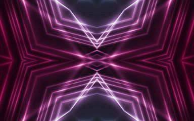 Dark abstract futuristic background. Neon lines, glow. Neon lines, shapes. Pink and blue glow