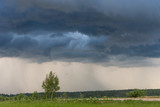 Fototapeta Tęcza - Rural landscape green field with dramatic sky. Grey dark sky before thunderstorm in summer.