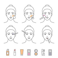 Face, Lips, Eyes Makeup, Applying Cosmetics Vector Icons