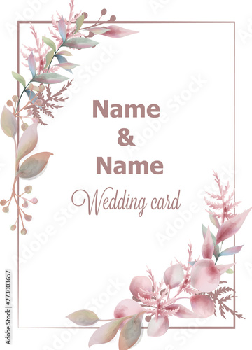 Wedding card save the date pink leaves branch watercolor Vector. Delicate pos...