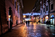 Old Buildings In The Historic District Of Krakow At Night
