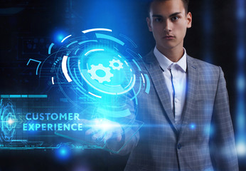 The concept of business, technology, the Internet and the network. A young entrepreneur working on a virtual screen of the future and sees the inscription: Customer experience