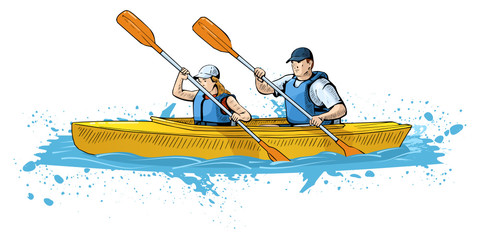 Wall Mural - Vector illustration of a couple rowing on canoe. Beautiful sport themed poster. Water sports, sea, river, vacation, boating, canoeing