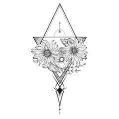 Blackwork tattoo flash. flower over sacred geometry. Highly detailed vector illustration isolated on white. Tattoo design, mystic symbol. New school dotwork. Print, posters, t-shirts and textiles