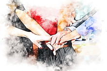 Abstract Colorful Handshake For Business Teamwork Concept On Watercolor Illustration Painting Background..