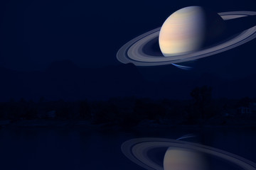 Wall Mural - reflection Saturn on night sky back silhouette mountain and river