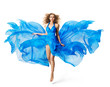 Woman Flying Blue Dress, Fashion Model levitating in Silk Gown Waving Cloth on White