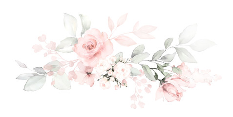 Wall Mural - Set watercolor arrangements with roses. collection garden pink flowers, leaves, branches, Botanic  illustration isolated on white background.