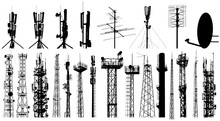 Tower Radio Antenna Silhouettes Set. Isolated On White Background