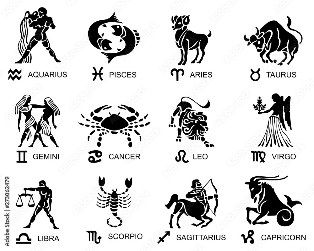 Black silhouette of zodiac signs on a white background - obrazy, fototapety, plakaty 