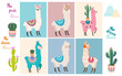 Set of stylish cartoon llamas and decorative elements. Vector illustrations.